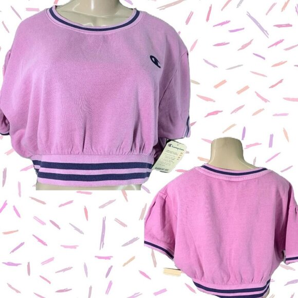Champion XL Lilac Logo Fleece Lined Ribbed Trim Short Sleeve Crop Sweatshirt - Picture 1 of 6
